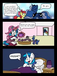 Size: 2480x3313 | Tagged: safe, artist:bobthedalek, derpibooru import, apple bloom, octavia melody, princess luna, vinyl scratch, alicorn, dinosaur, earth pony, pony, unicorn, bloom and gloom, argh!!!, bed, clothes, comic, cushion, cute, daaaaaaaaaaaw, dream, dress, female, frilly dress, hat, hilarious in hindsight, mrs nesbitt, plushie, tea party, toy story, waking up