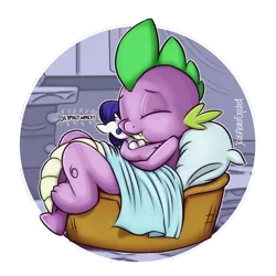 Size: 1300x1300 | Tagged: safe, artist:jcosneverexisted, derpibooru import, rarity, spike, dragon, baby, baby dragon, basket, blanket, cuddling, cute, eyes closed, fangs, male, pillow, plushie, rarity plushie, sparilush, spikabetes