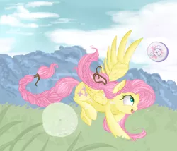 Size: 2962x2530 | Tagged: safe, artist:segraece, derpibooru import, fluttershy, alternate hairstyle, braid, braided tail, dandelion, looking up, open mouth, prancing, profile, running, smiling, solo, spread wings
