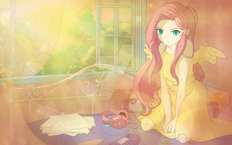 Size: 1024x640 | Tagged: artist:dacapo24, dead source, derpibooru import, fluttershy, game gear, human, humanized, pouting, safe, solo, watermark, winged humanization