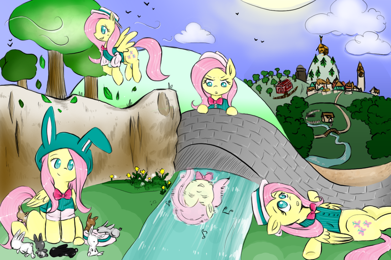 Size: 1350x900 | Tagged: safe, artist:drhikari, derpibooru import, fluttershy, pegasus, pony, rabbit, bridge, clothes, hill, multeity, so much flutter, solo, tree