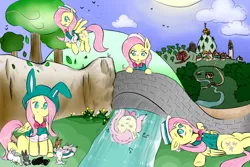 Size: 1350x900 | Tagged: safe, artist:drhikari, derpibooru import, fluttershy, pegasus, pony, rabbit, bridge, clothes, hill, multeity, so much flutter, solo, tree