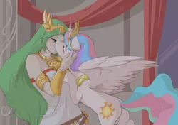 Size: 1280x902 | Tagged: suggestive, artist:ajin, derpibooru import, princess celestia, human, pony, bedroom eyes, bipedal, bipedal leaning, blushing, crack shipping, eyes closed, female, human female, human on pony action, interspecies, kid icarus, kissing, leaning, lesbian, mare on human female, palulestia, palutena, plot, shipping, spread wings