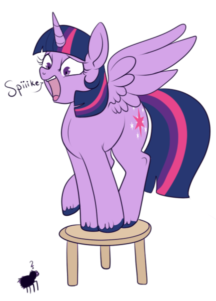 Size: 457x635 | Tagged: safe, artist:lulubell, derpibooru import, twilight sparkle, twilight sparkle (alicorn), alicorn, pony, spider, arachnophobia, female, mare, open mouth, question mark, raised leg, scared, screaming, simple background, solo, spread wings, stool, transparent background, unshorn fetlocks, wide eyes