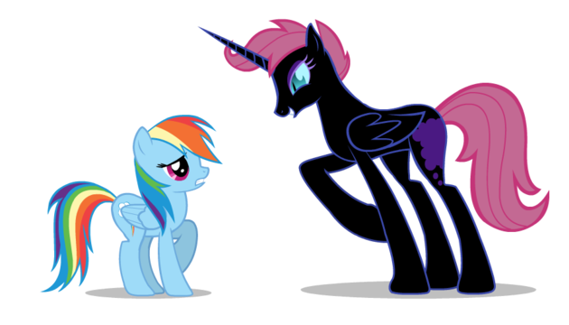 Size: 630x360 | Tagged: safe, artist:mixermike622, derpibooru import, rainbow dash, scootaloo, alicorn, pegasus, pony, alicornified, blank flank, duo, female, height difference, mare, nightmare scootaloo, race swap, scootacorn, simple background