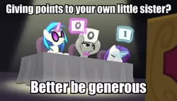 Size: 500x283 | Tagged: bloom and gloom, card, derpibooru import, facehoof, image macro, judges, meme, music judges meme, nepotism, octavia melody, rarity, safe, score, table, vinyl and octavia are not impressed, vinyl scratch