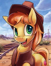 Size: 699x900 | Tagged: safe, artist:tsitra360, derpibooru import, braeburn, earth pony, pony, braebetes, cactus, clothes, desert, friendship express, happy, hat, looking at you, open mouth, portrait, railroad, solo, train, vest