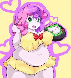 Size: 2320x2555 | Tagged: suggestive, artist:candyxxxholicxx, derpibooru import, sweetie belle, equestria girls, bbw, belly, belly button, bento, breasts, busty sweetie belle, chubby, clothes, fat, female, miniskirt, muffin top, skimpy, skirt, solo, solo female, sweetie belly, wide hips