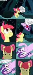 Size: 900x2020 | Tagged: safe, artist:tralalayla, derpibooru import, apple bloom, starlight glimmer, earth pony, pony, unicorn, bloom and gloom, bruh, comic, dialogue, female, filly, foal, mare, shenanigans
