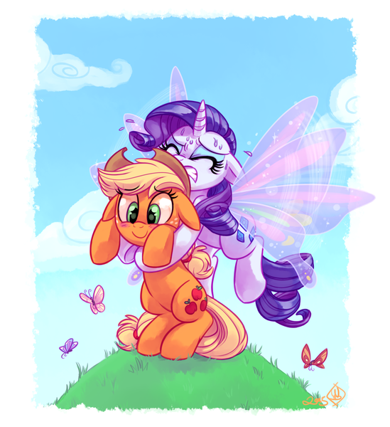 Size: 1600x1750 | Tagged: safe, artist:whitediamonds, derpibooru import, applejack, rarity, butterfly, earth pony, pony, blushing, butterfly wings, eyes closed, female, flying, glimmer wings, gritted teeth, lesbian, mare, rarijack, rarijack daily, shipping, smiling, straining, sweat