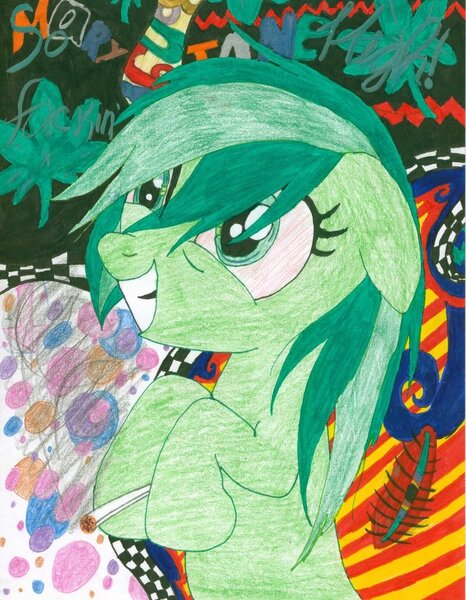 Size: 787x1014 | Tagged: semi-grimdark, artist:strawberrypockystix, derpibooru import, oc, oc:stoney poney, unofficial characters only, earth pony, pony, drugs, hallucination, high, marijuana, smoking