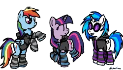 Size: 1500x860 | Tagged: artist:mindofnoodles, clothes, derpibooru import, hoodie, leg warmers, rainbow dash, safe, simple background, transparent background, twilight sparkle, vinyl scratch