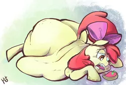 Size: 1013x681 | Tagged: source needed, suggestive, artist:holotuff, derpibooru import, apple bloom, pony, abstract background, apple blob, fat, female, filly, morbidly obese, obese, prone, solo