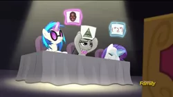 Size: 1280x720 | Tagged: bloom and gloom, derpibooru import, eye of providence, illuminati, le lenny face, music judges meme, octavia melody, rarity, safe, screencap, shaquille o'neal, vinyl and octavia are not impressed, vinyl scratch