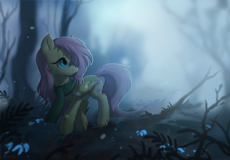 Size: 1200x838 | Tagged: safe, artist:hioshiru, derpibooru import, fluttershy, pegasus, pony, clothes, female, forest, mare, scarf, solo, walking