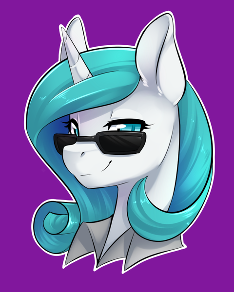 Size: 1024x1280 | Tagged: safe, artist:duskyamore, derpibooru import, oc, oc:frostflow, unofficial characters only, pony, unicorn, looking at you, portrait, smiling, solo, sunglasses