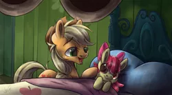 Size: 853x470 | Tagged: safe, artist:ebonytails, derpibooru import, apple bloom, applejack, earth pony, pony, bloom and gloom, bed, duo, female, filly, lullaby, mare, on bed, open mouth, scene interpretation, siblings, singing, sisters