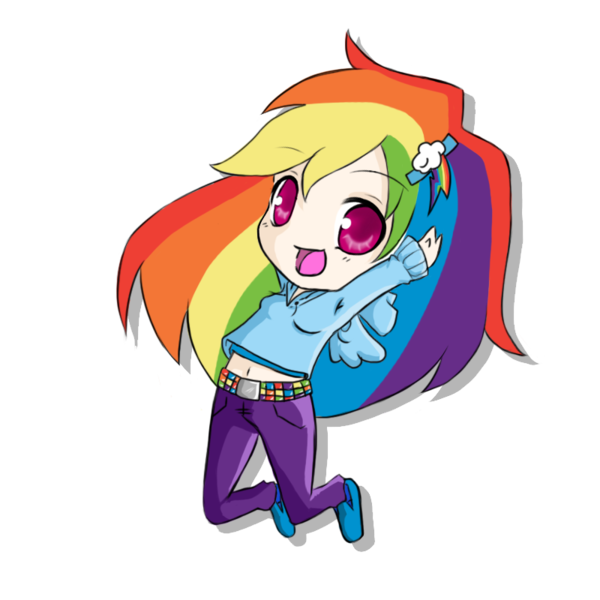 Size: 800x800 | Tagged: artist:rhamana, belly button, chibi, clothes, derpibooru import, human, humanized, jumping, midriff, rainbow dash, safe, solo, sweater