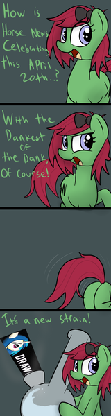 Size: 400x1500 | Tagged: suggestive, artist:datte-before-dawn, artist:drawponies, derpibooru import, oc, oc:newsie, unofficial characters only, 420, bong, comic, dialogue, horse news, logo, meta, plot