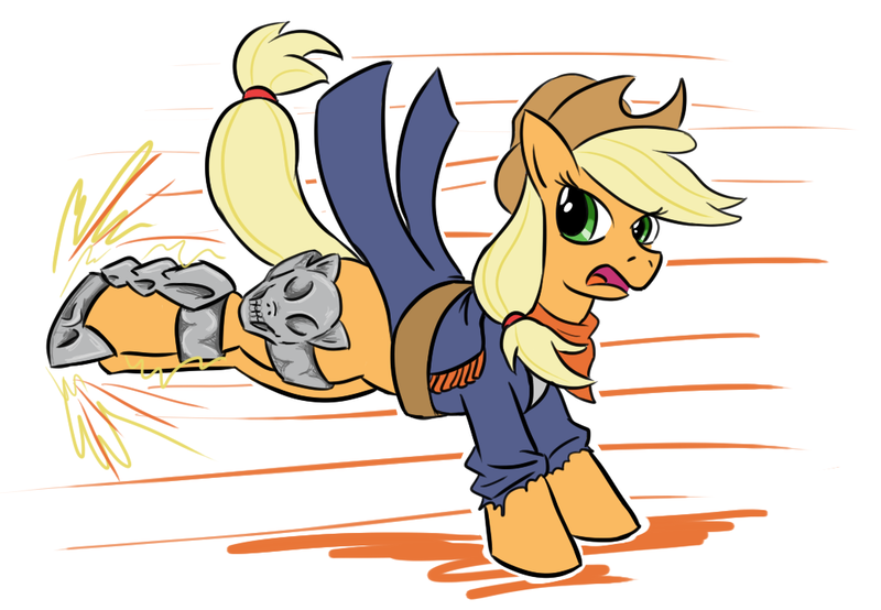 Size: 1040x720 | Tagged: safe, artist:jargon scott, derpibooru import, applejack, armor, bandana, bucking, clothes, coat, crossover, gene, god hand, hat, solo