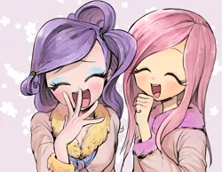 Size: 900x700 | Tagged: safe, artist:quizia, derpibooru import, fluttershy, rarity, human, bathrobe, blushing, cleavage, clothes, cute, dohoho, eyelashes, eyes closed, female, flarity, humanized, laughing, laughingmares.jpg, lesbian, noblewoman's laugh, raribetes, robe, shipping, shyabetes, smiling