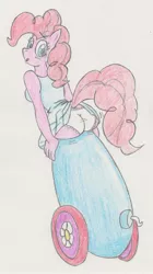 Size: 1779x3179 | Tagged: anthro, artist:duragan, artist:rikmccloud, ass, breasts, clothes, derpibooru import, dress, female, frilly underwear, panties, party cannon, pinkie pie, raised tail, skirt, stuck, suggestive, tail upskirt, the ass was fat, traditional art, underwear, upskirt, white underwear