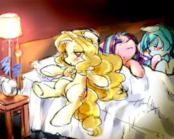 Size: 537x429 | Tagged: safe, artist:maron0807, derpibooru import, adagio dazzle, aria blaze, sonata dusk, ponified, pony, equestria girls, alarm clock, bed, equestria girls ponified, hoof fetish, hoof sucking, mare, no more ponies at source, the dazzlings, trio