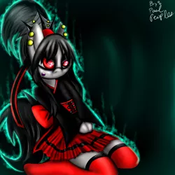 Size: 1280x1280 | Tagged: anthro, arm hooves, artist:paulpeopless, clothes, cute, derpibooru import, ear piercing, glow, goth, gothic, japan, kneeling, looking at you, :o, oc, oc:paulpeoples, piercing, red eyes, safe, sidemouth, skirt, socks, solo, thigh highs, unofficial characters only, wa-loli