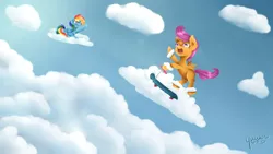 Size: 1280x720 | Tagged: artist:yuukon, cloud, cloudy, derpibooru import, rainbow dash, safe, scootaloo, scooter, waving