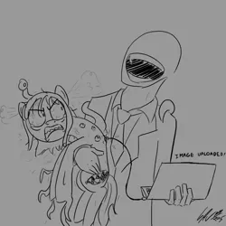 Size: 1000x1000 | Tagged: angry, anonymous, artist:bubsakavermin, computer, derpibooru import, eldritch abomination, grayscale, laptop computer, laughing, /mlp/, monochrome, oc, oc:anon, oc:thingpone, semi-grimdark, unofficial characters only