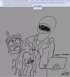 Size: 999x1095 | Tagged: angry, anonymous, artist:bubsakavermin, computer, derpibooru import, drama, eldritch abomination, grayscale, laptop computer, laughing, /mlp/, monochrome, oc, oc:anon, oc:thingpone, semi-grimdark, unofficial characters only