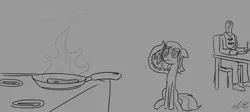 Size: 1473x658 | Tagged: anonymous, artist:bubsakavermin, derpibooru import, eldritch abomination, fire, frying pan, grayscale, /mlp/, monochrome, oc, oc:anon, oc:thingpone, safe, scared, steak, stove, sweating towel guy, tentacles, unofficial characters only