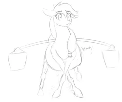 Size: 3937x3301 | Tagged: amniotic fluid, applejack, artist:patch, belly, bucket, derpibooru import, female, kicking, labor, monochrome, preggo jack, pregnant, shocked, sketch, solo, solo female, suggestive, waterbreak