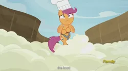 Size: 1280x713 | Tagged: batter, bloom and gloom, chef's hat, derpibooru import, egg beater, food, hat, meme, nightmare, safe, scootacook, scootaloo, screencap, solo, youtube caption