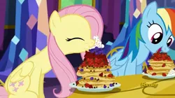 Size: 1354x758 | Tagged: safe, derpibooru import, screencap, fluttershy, rainbow dash, pegasus, pony, castle sweet castle, blueberry, cute, eating, eyes closed, female, food, mare, open mouth, pancakes, shyabetes, strawberry