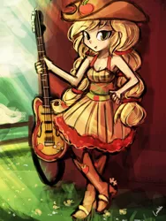 Size: 720x960 | Tagged: safe, artist:lumineko, derpibooru import, applejack, equestria girls, friendship through the ages, rainbow rocks, 30 minute art challenge, alternate costumes, alternate hairstyle, country applejack, guitar, looking at you, musical instrument, open mouth, pigtails, sleeveless, solo