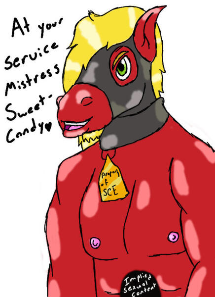 Size: 576x792 | Tagged: abs, anthro, artist:ace of hearts, art trade, big macintosh, bondage, collar, derpibooru import, male, malesub, mistress, muscles, questionable, shiny, slave, smiling, solo, solo male, speech, submissive