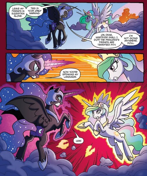 Size: 671x804 | Tagged: safe, derpibooru import, idw, nightmare moon, princess celestia, alicorn, pony, spoiler:comic, spoiler:comicfiendshipismagic4, comic, duo, ethereal mane, female, fight, mare, official comic, sisters, speech bubble, starry mane