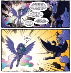 Size: 655x670 | Tagged: safe, derpibooru import, idw, nightmare moon, princess celestia, alicorn, pony, spoiler:comic, spoiler:comicfiendshipismagic4, badass, comic, duo, ethereal mane, female, fight, glowing eyes, mare, official comic, sisters, speech bubble, spread wings, starry mane, wings