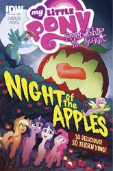 Size: 791x1200 | Tagged: safe, artist:tonyfleecs, derpibooru import, idw, applejack, fluttershy, pinkie pie, rainbow dash, rarity, twilight sparkle, twilight sparkle (alicorn), alicorn, pony, night of the living apples, spoiler:comic, spoiler:comic32, apple, attack of the killer tomatoes, cover, female, food, living apple, mane six, mare, sweet apple acres