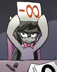 Size: 1000x1250 | Tagged: safe, artist:asai-gomen, derpibooru import, octavia melody, earth pony, pony, bloom and gloom, chair, female, frown, glare, hoof hold, infinity, infinity symbol, judges, looking at you, mare, marker, negative infinity, octavia is not amused, sitting, solo, table, unamused