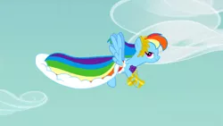 Size: 1366x768 | Tagged: clothes, derpibooru import, dress, flying, gala dress, rainbow dash, rainbow dash always dresses in style, safe, screencap, solo, suited for success