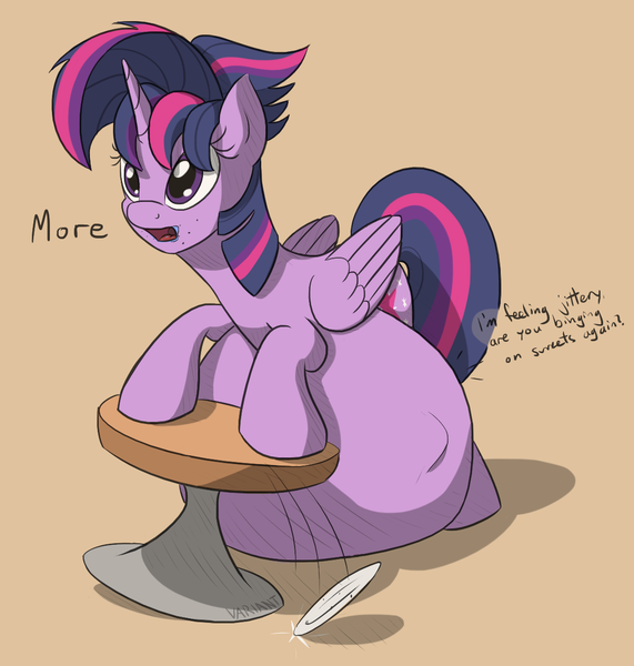 Size: 1170x1230 | Tagged: questionable, artist:variant, derpibooru import, twilight sparkle, twilight sparkle (alicorn), oc, oc:anon, alicorn, human, pony, alternate hairstyle, belly, dialogue, female, fetish, mare, ponies eating humans, pregnant, punklight sparkle, twipred, unbirthing, vore