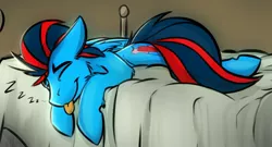 Size: 1553x839 | Tagged: safe, artist:ralek, derpibooru import, oc, oc:andrew swiftwing, unofficial characters only, pegasus, pony, bed, cute, cutie mark, male, sleeping, smiling, solo, stallion, tongue out