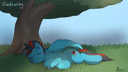Size: 1920x1080 | Tagged: safe, artist:noben, derpibooru import, oc, oc:andrew swiftwing, unofficial characters only, pegasus, pony, cutie mark, eyes closed, grass, male, sleeping, smiling, solo, stallion, tree