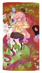 Size: 2300x4000 | Tagged: angel bunny, artist:mili-kat, bird, blushing, clothes, cute, derpibooru import, egg, fluttershy, grin, human, humanized, safe, shyabetes, sitting, smiling, solo, sweatershy, tree
