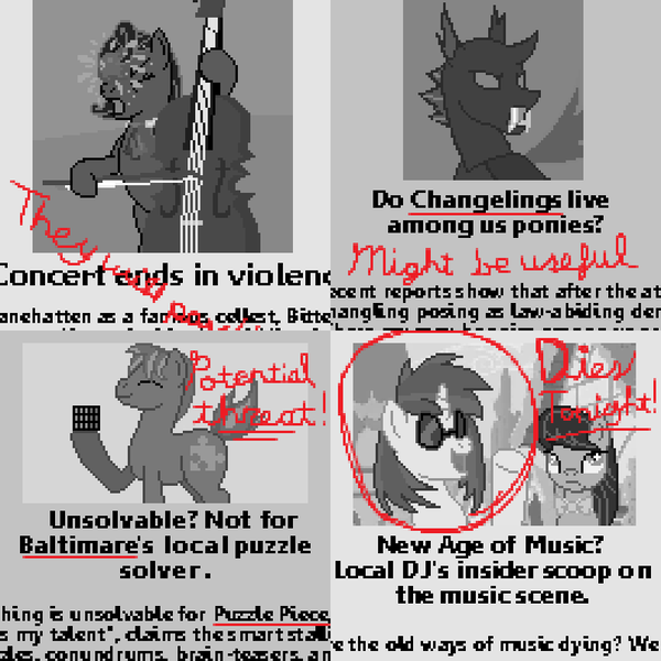 Size: 792x792 | Tagged: artist:herooftime1000, cello, changeling, derpibooru import, musical instrument, newspaper, newspaper headline, oc, oc:bittersweet nocturne, oc:puzzle piece, octavia in the underworld's cello, octavia melody, pixel art, semi-grimdark, vinyl scratch