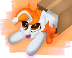 Size: 1408x1134 | Tagged: safe, artist:zapplebow, derpibooru import, oc, oc:karma, unofficial characters only, pony, unicorn, box, female, lying down, mare, open mouth, pony in a box, reddit, solo, wide eyes