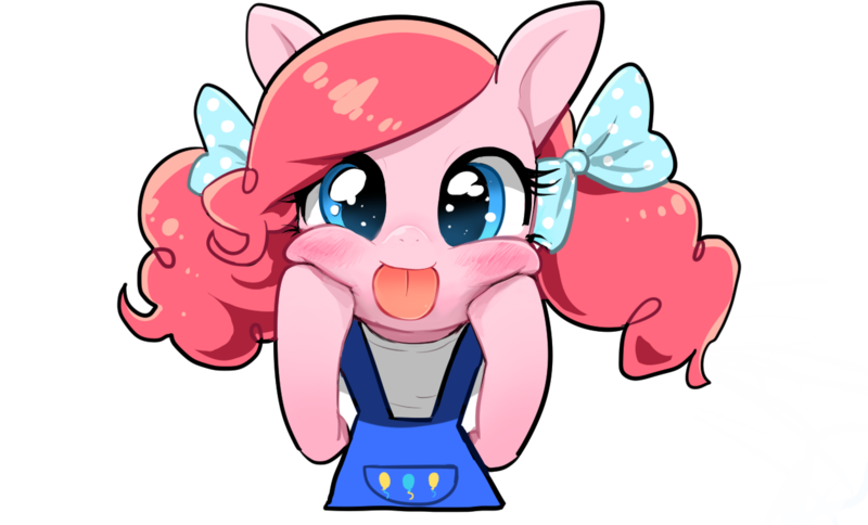 Size: 1254x758 | Tagged: safe, artist:quizia, derpibooru import, pinkie pie, earth pony, pony, alternate hairstyle, blushing, bust, clothes, cute, diapinkes, female, hooves on cheeks, looking at you, overalls, pigtails, quizia is trying to murder us, simple background, smiling, solo, squishy cheeks, tongue out, transparent background