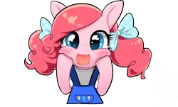 Size: 1254x758 | Tagged: safe, artist:quizia, derpibooru import, pinkie pie, earth pony, pony, alternate hairstyle, blushing, bust, clothes, cute, diapinkes, female, hooves on cheeks, looking at you, overalls, pigtails, quizia is trying to murder us, simple background, smiling, solo, squishy cheeks, tongue out, transparent background